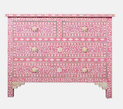 Bone Inlay Floral Chest Of 4 Drawer Pink