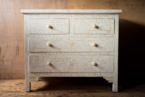 Bone Inlay Floral Chest Of 4 Drawer White