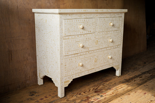Bone Inlay Floral Chest Of 4 Drawer White
