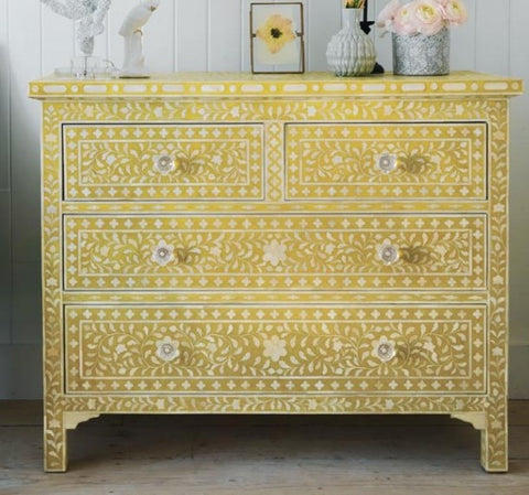 Bone Inlay Floral Chest Of 4 Drawer Yellow