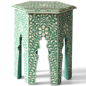Bone Inlay Floral Design Hexagonal Table Green