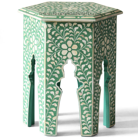 Bone Inlay Floral Design Hexagonal Table Green