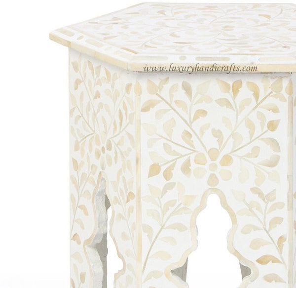 Bone Inlay Floral Design Hexagonal Table White 3