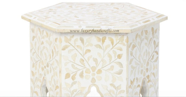 Bone Inlay Floral Design Hexagonal Table White 2