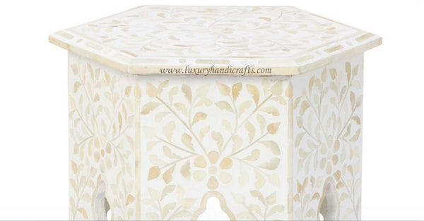 Bone Inlay Floral Design Hexagonal Table White