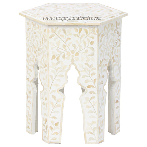 Bone Inlay Floral Design Hexagonal Table White