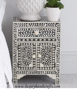 Bone Inlay Floral One Drawer Two Door Bedside Table Black