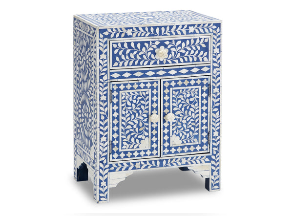 Bone Inlay Floral One Drawer Two Door Bedside Table Blue