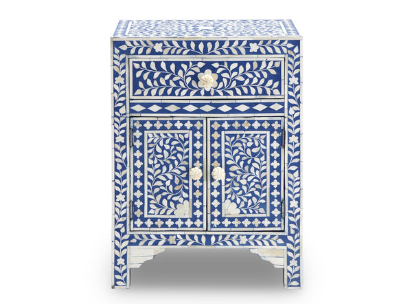 Bone Inlay Floral One Drawer Two Door Bedside Table Blue