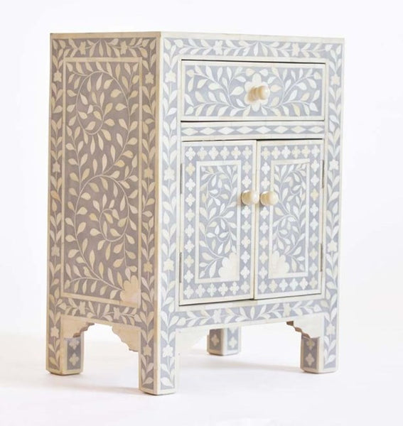 Bone Inlay Floral One Drawer Two Door Bedside Table Grey