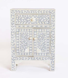 Bone Inlay Floral One Drawer Two Door Bedside Table Grey