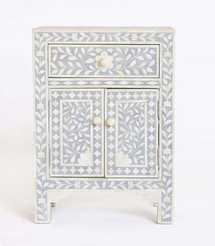 Bone Inlay Floral One Drawer Two Door Bedside Table Grey