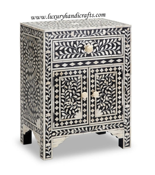 Bone Inlay Floral One Drawer Two Door Bedside Table Black