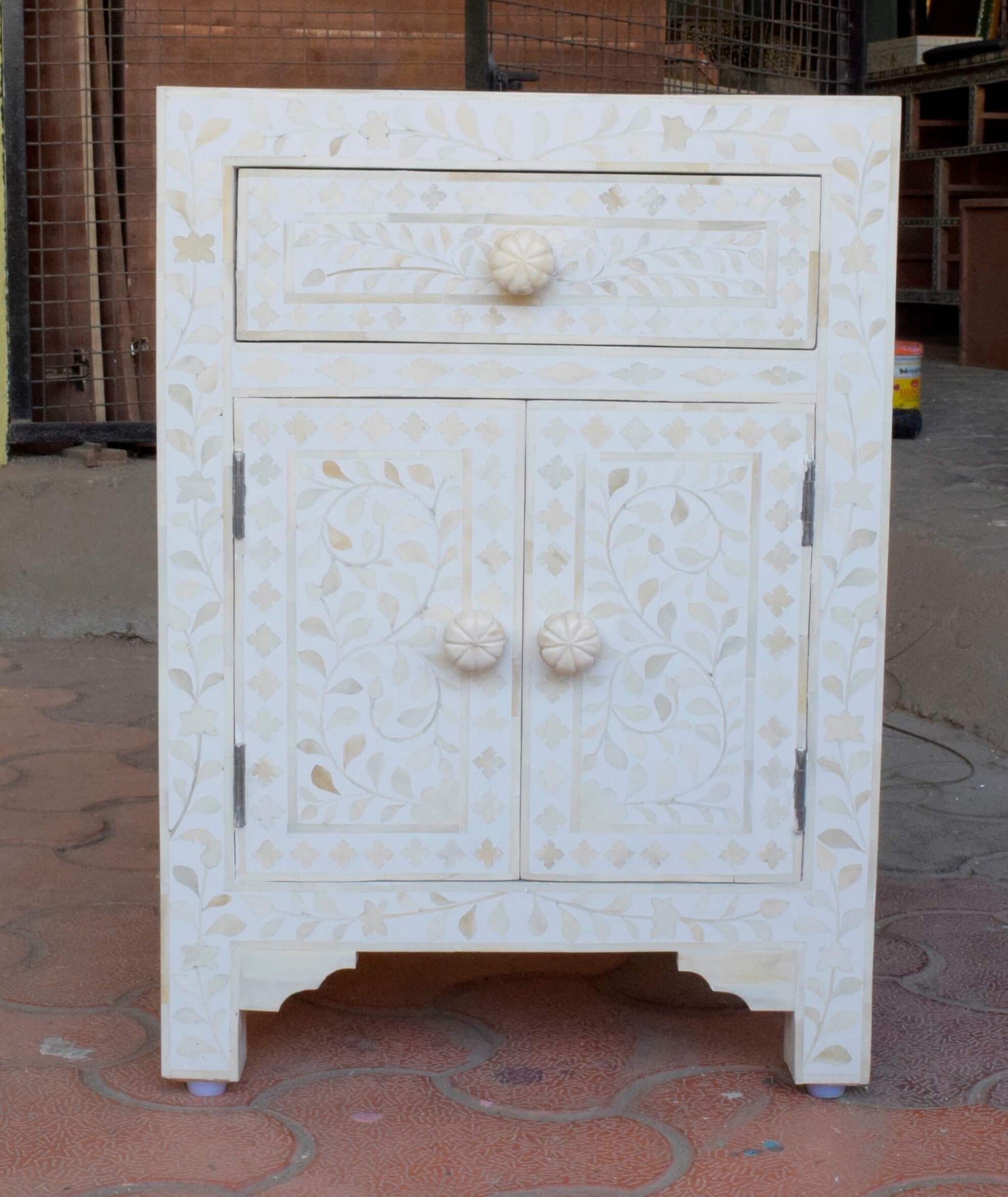 Bone Inlay Floral One Drawer Two Door Bedside Table White