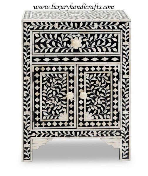 Bone Inlay Floral One Drawer Two Door Bedside Table Black