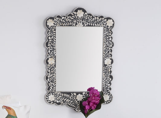 Bone Inlay Floral Scalloped Mirror Black
