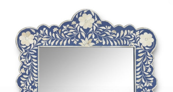 Bone Inlay Floral Scalloped Mirror Dark Blue