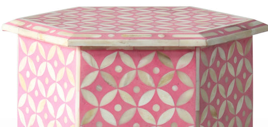 Bone Inlay Geometric Design Hexagonal Table Pink