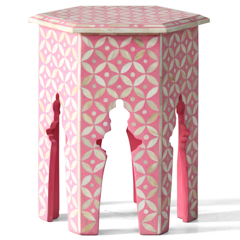 Bone Inlay Geometric Design Hexagonal Table Pink