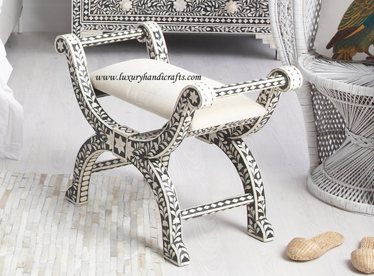 Bone Inlay Jenny Stool Floral Design Black
