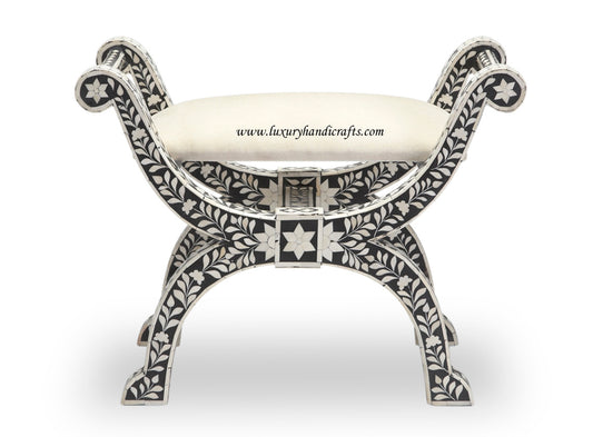 Bone Inlay Jenny Stool Floral Design Black