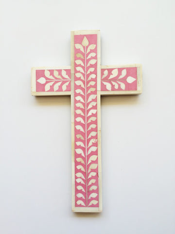 Bone Inlay Leaf Cross Pink