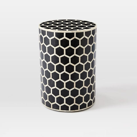 Bone Inlay Round Stool Honeycomb Design Black