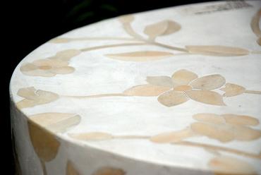 Bone Inlay Round Stool Floral Design White