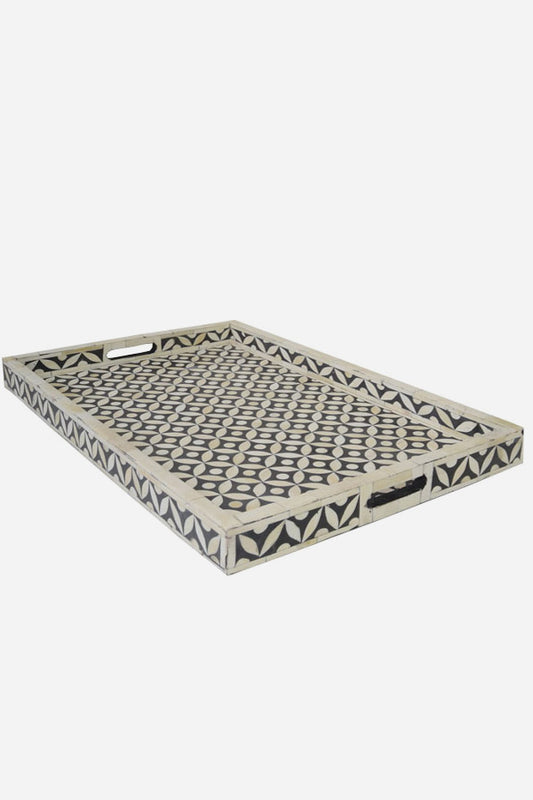 Black Bone Inlay Tray In Geometric Design Black