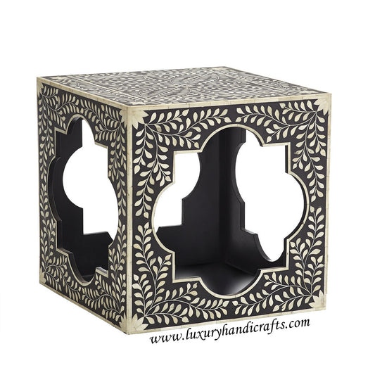Bone Inlaid Quatrefoil Side Table Floral Design Black