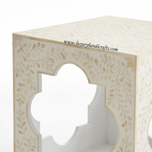 Bone Inlaid Quatrefoil Side Table Floral Design White