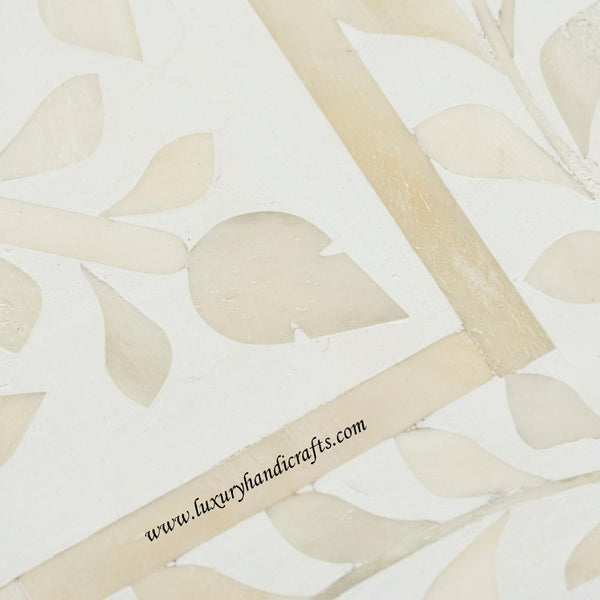 Bone Inlaid Quatrefoil Side Table Floral Design White