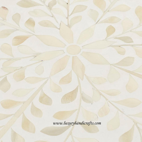 Bone Inlaid Quatrefoil Side Table Floral Design White