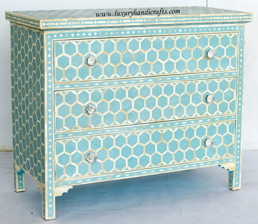Bone Three Drawer Chest Honeycomb Design Turquoise