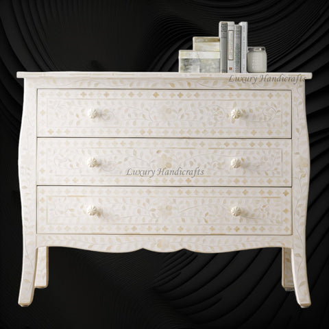 Bone Inlay Curved 3 Drawer Floral Dresser White