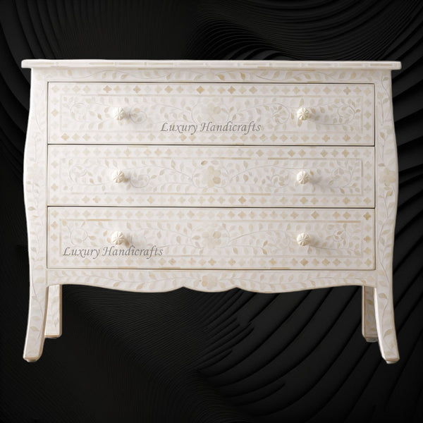 Bone Inlay Curved 3 Drawer Floral Dresser White