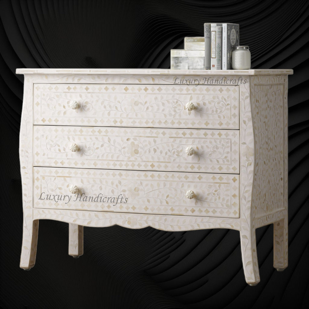 Bone Inlay Curved 3 Drawer Floral Dresser White luxuryhandicrafts.in