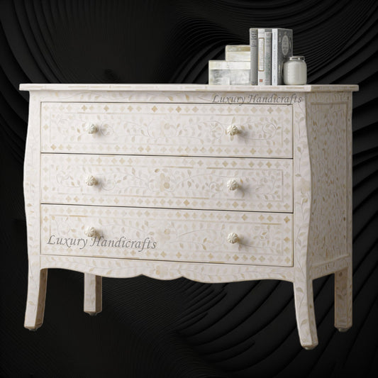 Bone Inlay Curved 3 Drawer Floral Dresser White
