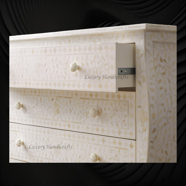 Bone Inlay Curved 3 Drawer Floral Dresser White