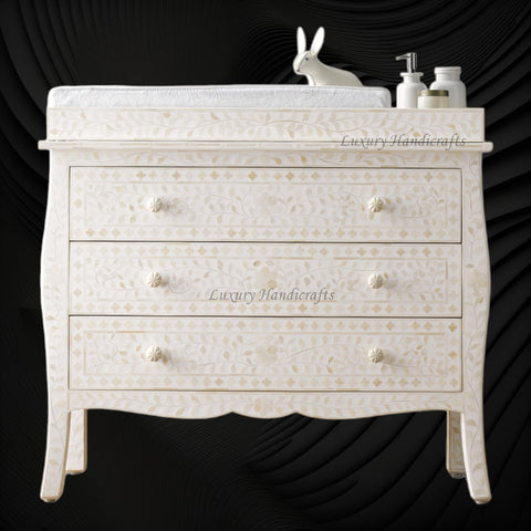 Bone Inlay Curved 3 Drawer Floral Dresser White with Topper