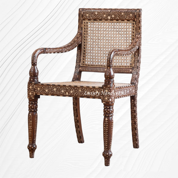 Bone Inlaid Cane Teakwood Chair