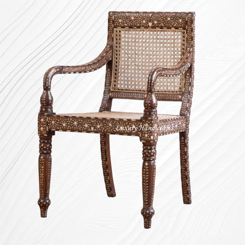 Bone Inlaid Cane Teakwood Chair