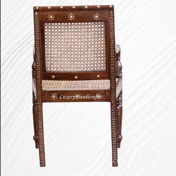 Bone Inlaid Cane Teakwood Chair