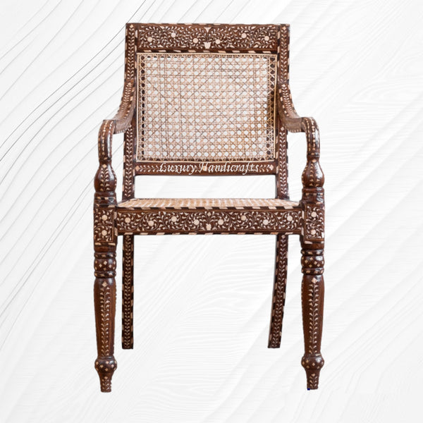 Bone Inlaid Cane Teakwood Chair