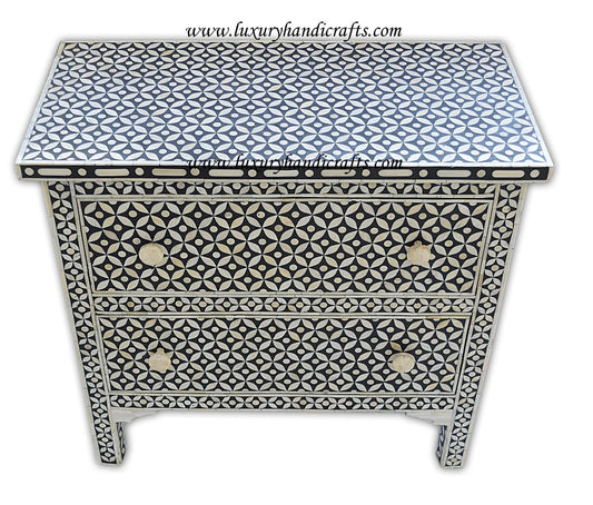 Black Bone Inlay 2 Drawer Geometric Bedside Large