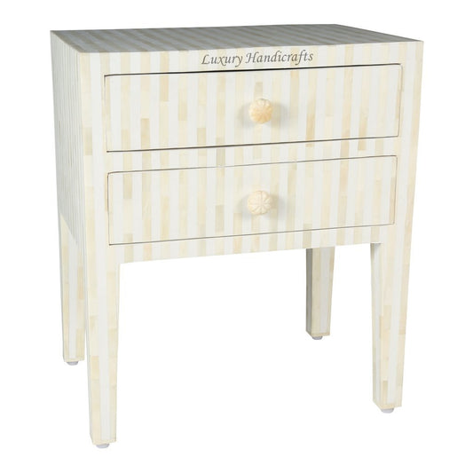 Bone Inlay 2 Drawer Bedside Table Stripe White