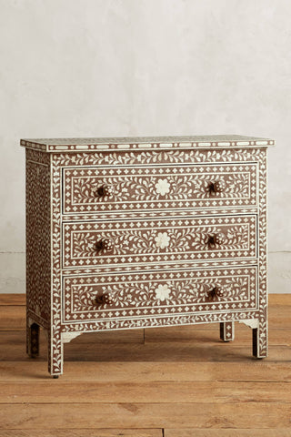 Bone Inlay 3 Drawer Chest Floral Design Brown