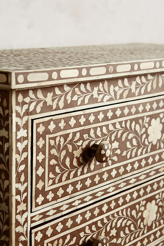 Bone Inlay 3 Drawer Chest Floral Design Brown