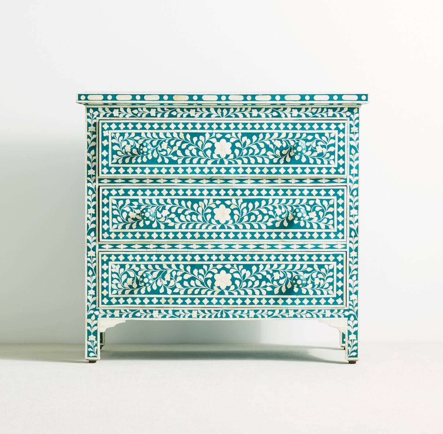 Bone Inlay 3 Drawer Chest Floral Design Teal Green