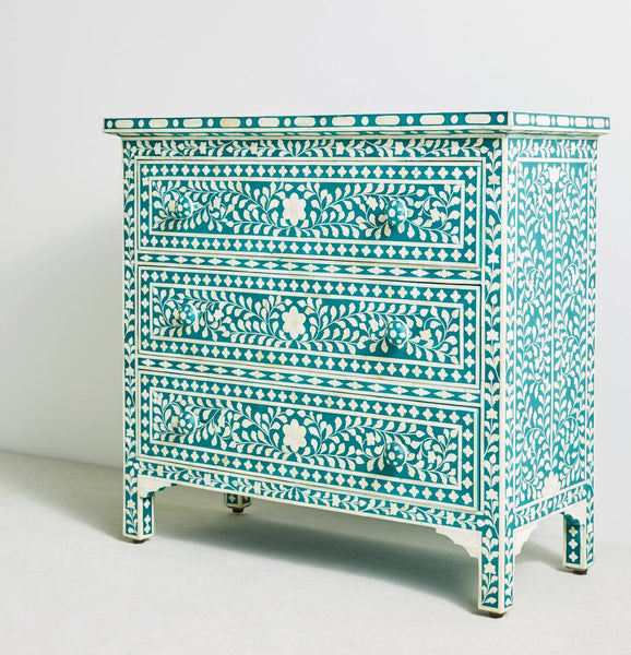 Bone Inlay 3 Drawer Chest Floral Design Teal Green